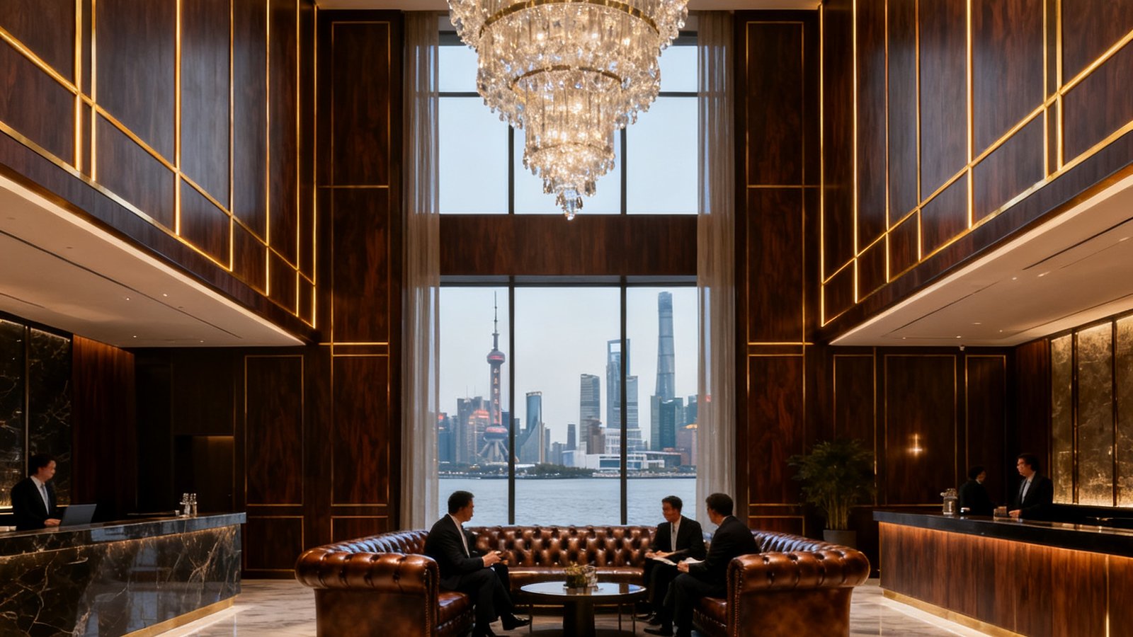 AG贵宾厅集团上海陆家嘴会所内部全景，挑高八米的接待大厅铺设意大利洞石地面，深色胡桃木护墙板镶嵌暖金色金属线条，定制水晶吊灯层层垂落，中央摆放一组切斯特菲尔德真皮沙发，几位商务人士正在进行私密交谈，落地窗外可见黄浦江天际线
